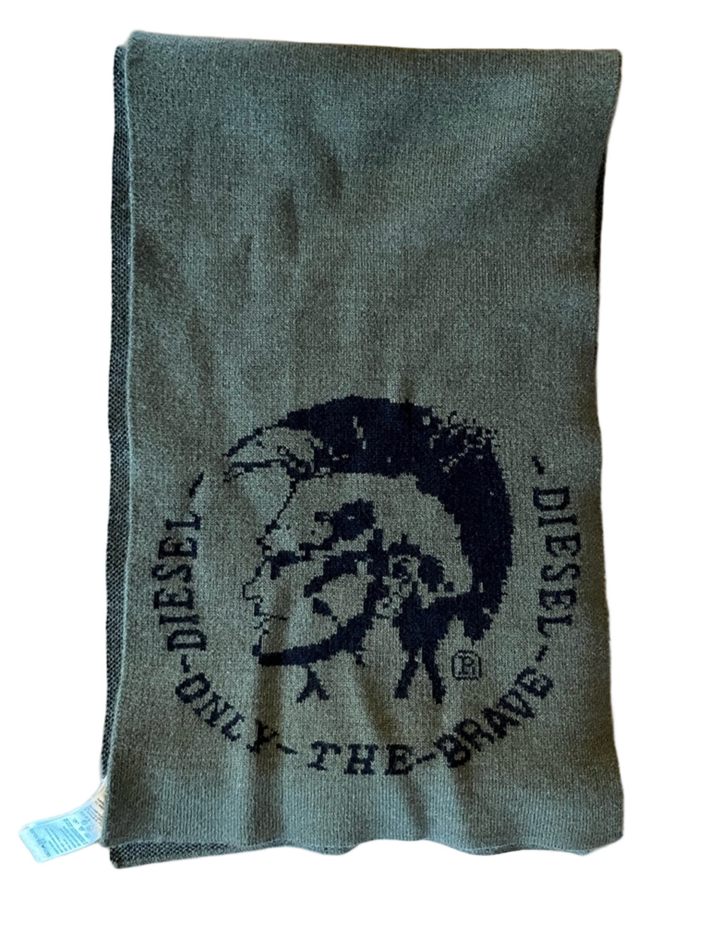 Rare DIESEL "Only The Brave" Logo Knit Scarf - Khaki/Olive